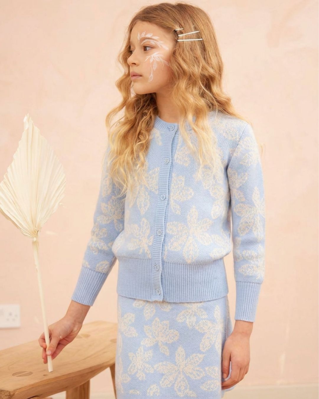 MIKA & MILO Chestnut Leaves Cardigan | Sky – organic cotton & cashmere knitwear, view 2
