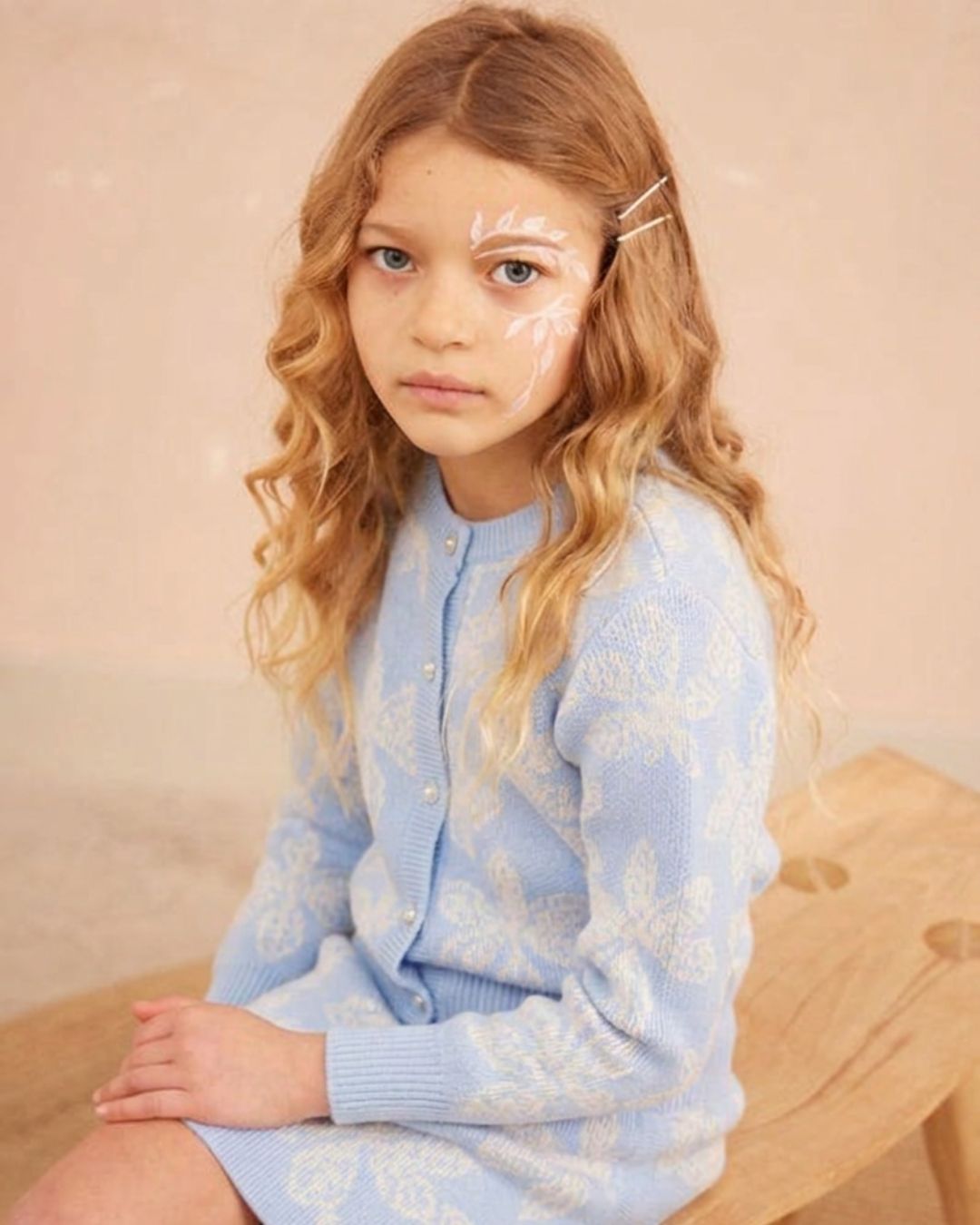 MIKA & MILO Chestnut Leaves Cardigan | Sky – organic cotton & cashmere knitwear, view 1