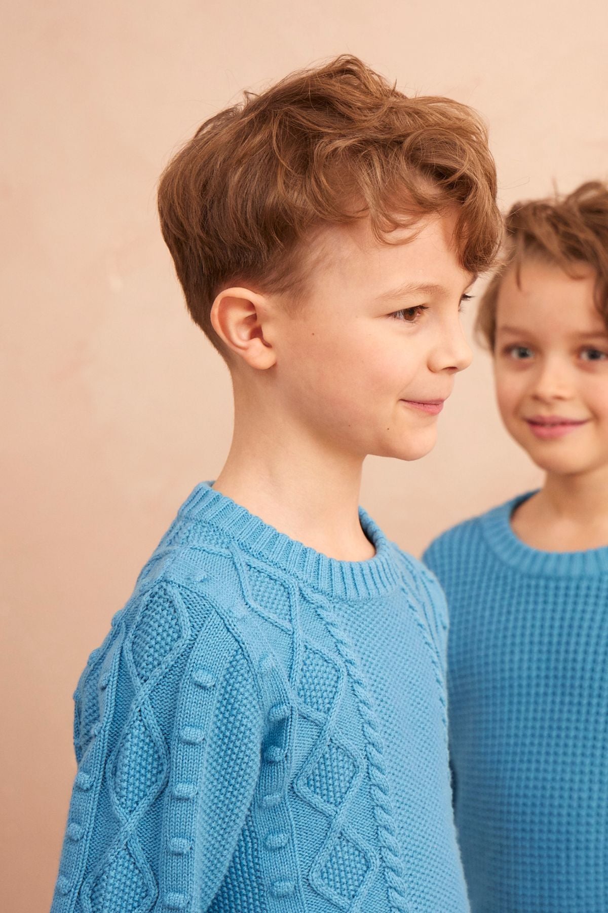 Cable Popcorn Jumper in Iceland Blue organic cotton/cashmere – side view