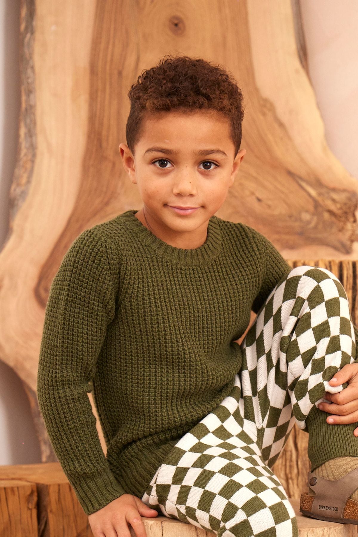 Waffle knit jumper in Avocado in organic cotton cashmere, side view