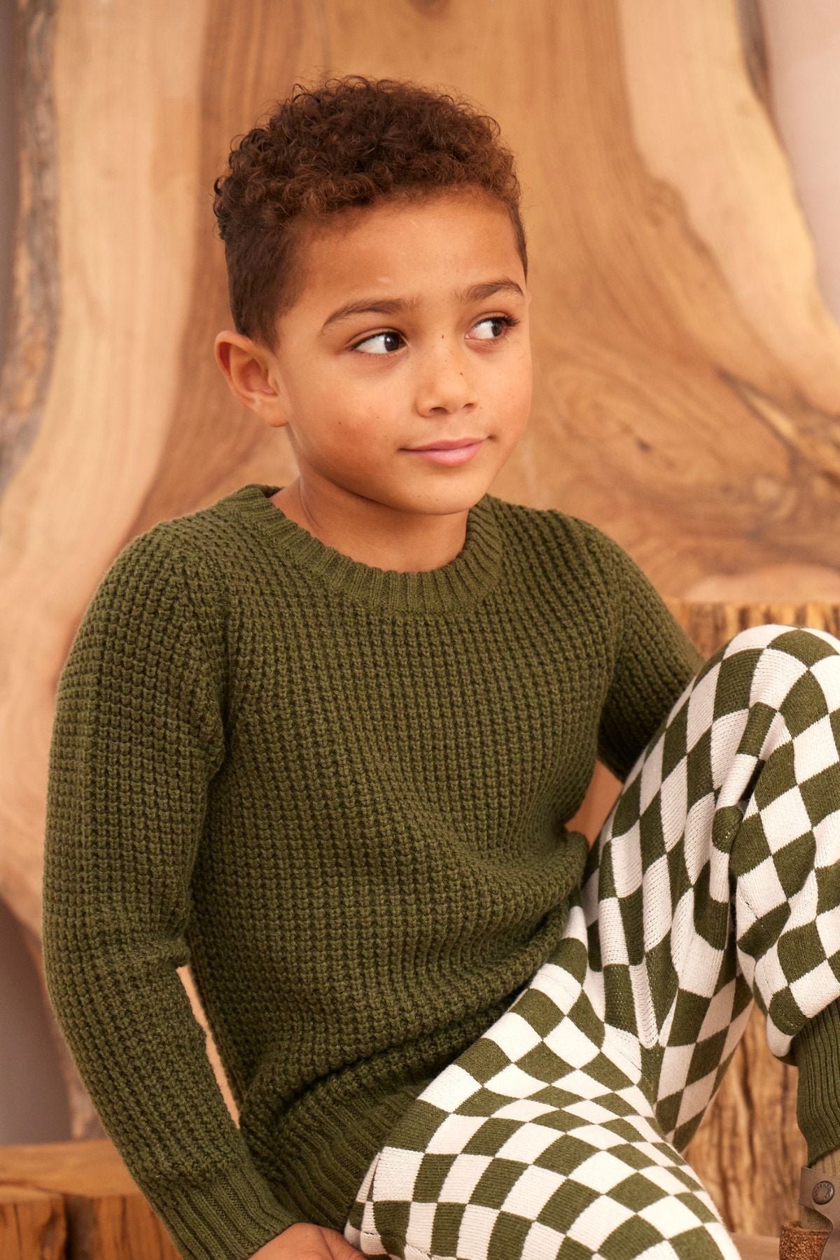 Waffle knit jumper in Avocado in organic cotton cashmere, side view