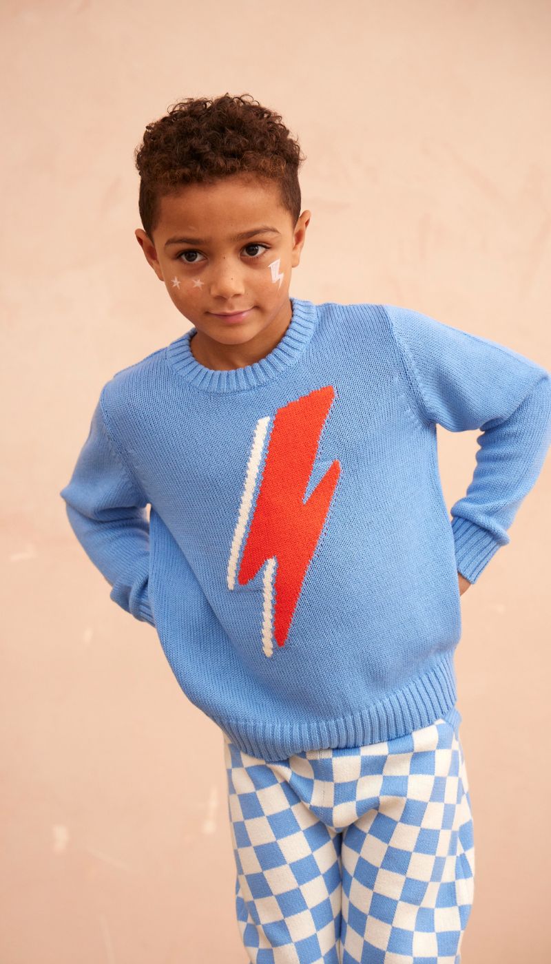 Detail view of the lightning bolt intarsia knit on the azure jumper from MIKA & MILO