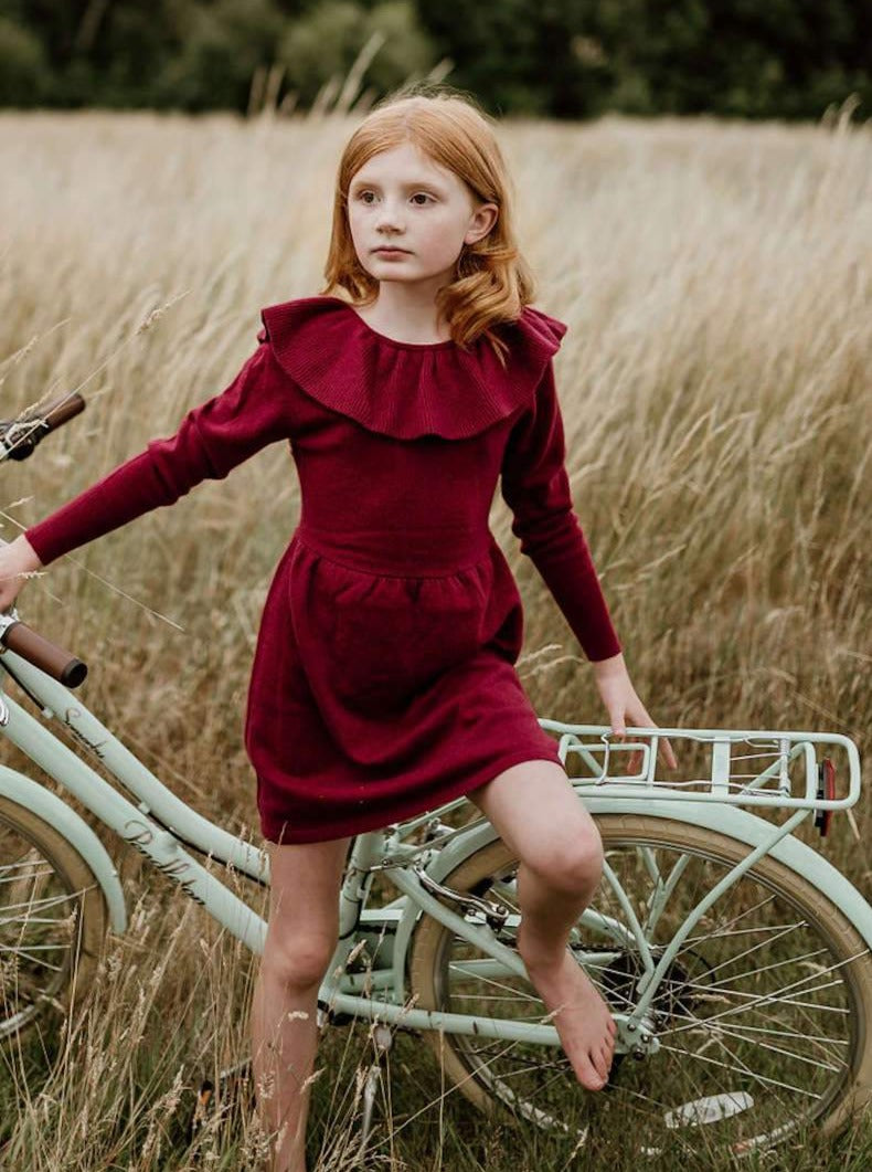 This Ruffled 2 ply dress in Berry Red is the perfect party outfit for the holidays. With its giant round collar at the front and plunging V-shaped ruffle at the back, it will certainly impress with its WOW factor. Made with the softest pure cashmere or cashmere/ merino blend from Inner Mongolia, it will also keep your Little One stylish and warm all winter long.
