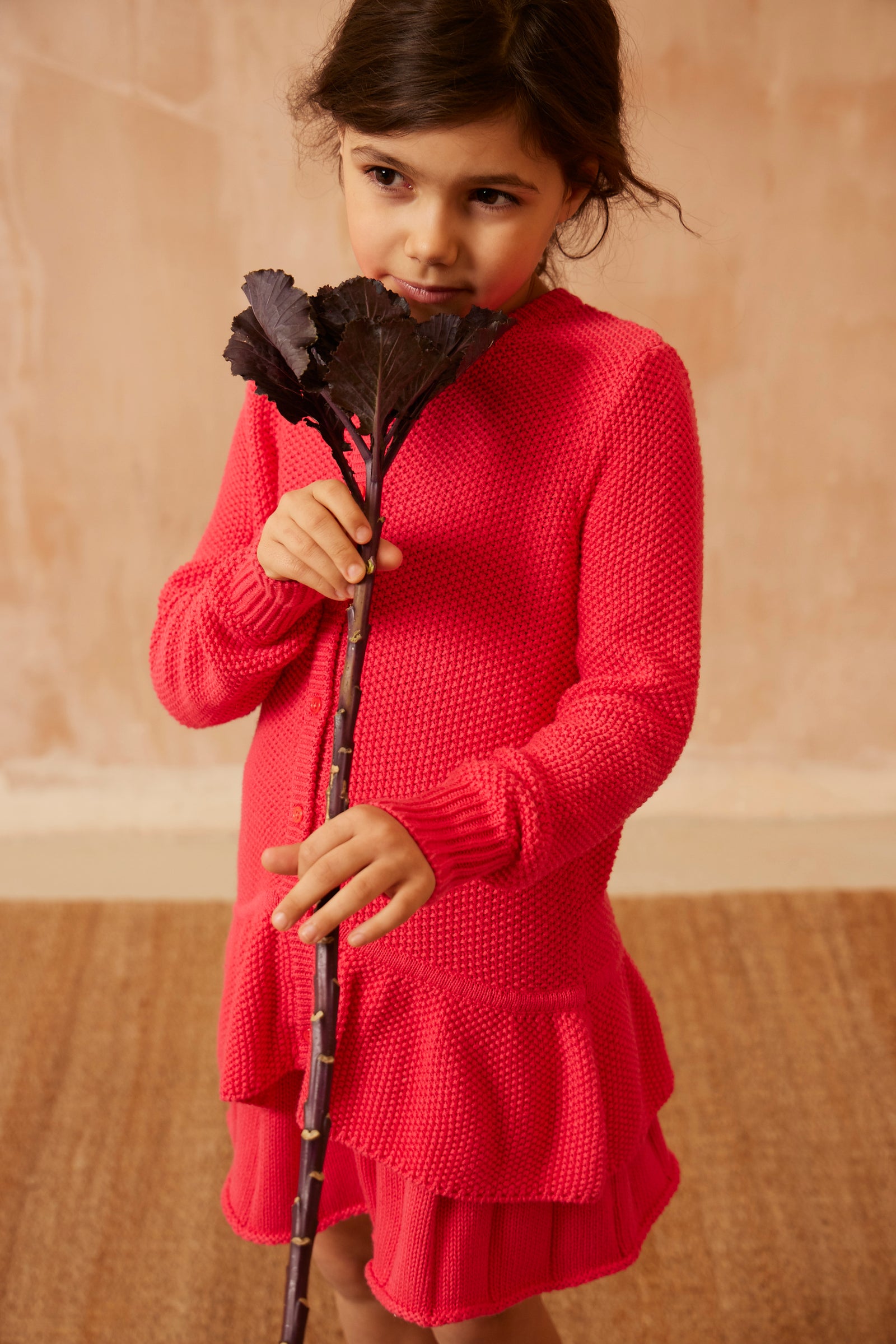 Moss Stitch Ruffled Cardigan | Raspberry