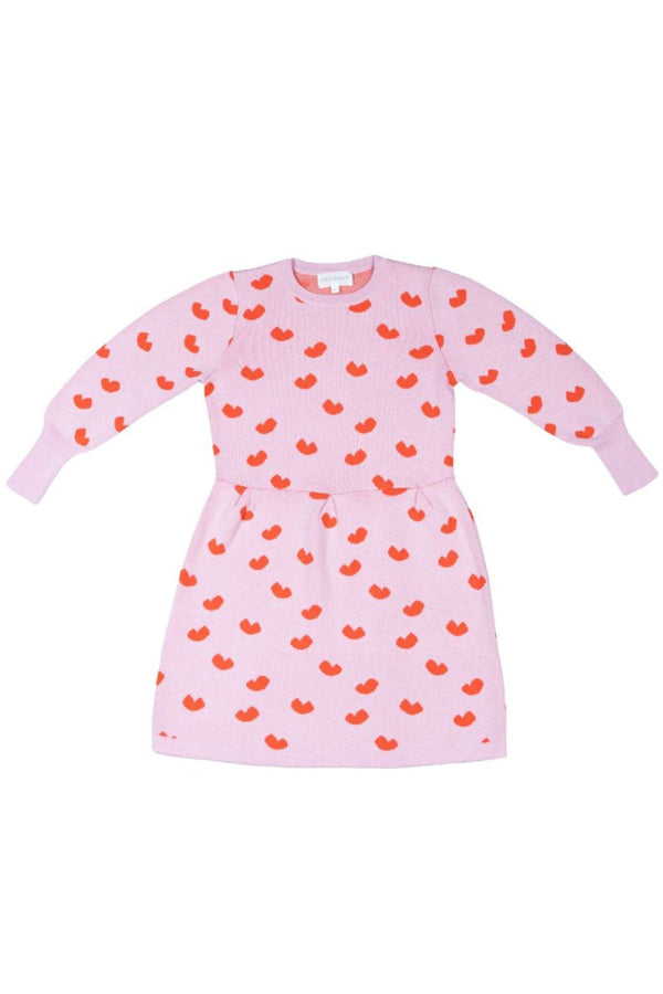 Front view of the bubble gum Love Hearts Dress from MIKA & MILO showing the pleated waist