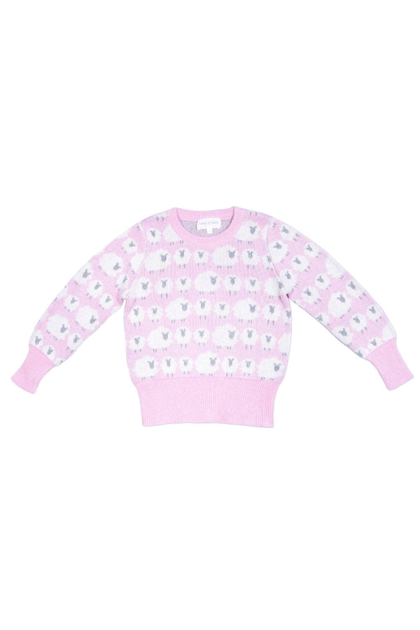 Front view of the bubble gum Little Bo Peep Jumper from MIKA & MILO showing the jacquard sheep across the body