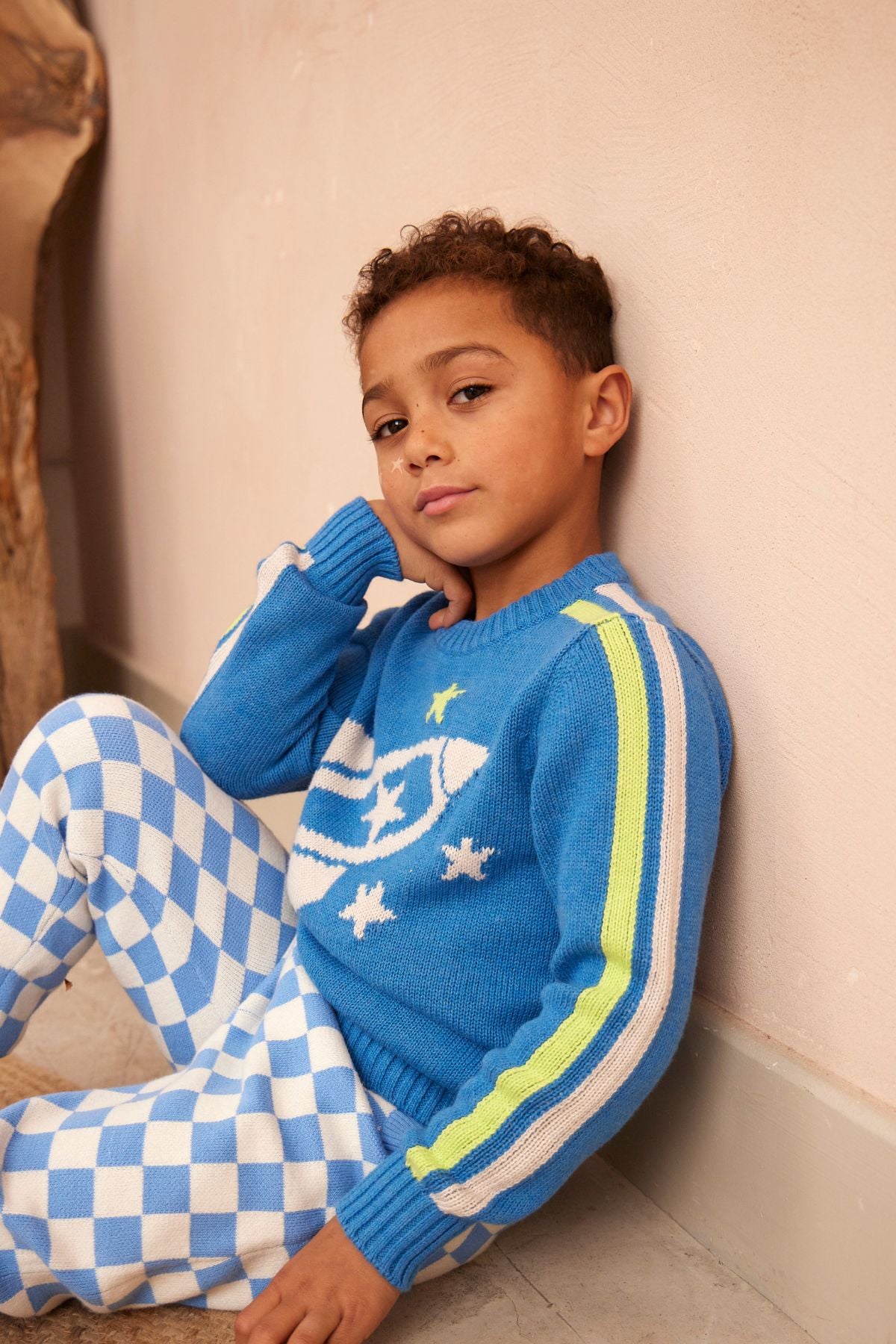 MIKA & MILO Striped Rocket Jumper in Hussar Blue – organic cotton cashmere, close up side view of racing arm stripes in cream and lime