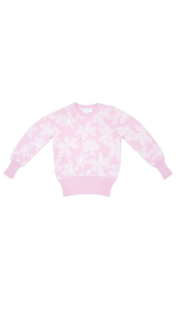 Flat-lay of the bubble gum Chestnut Leaves Jumper from MIKA & MILO showing the leaf jacquard pattern