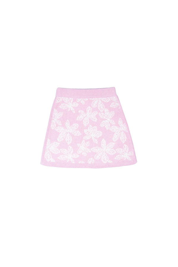 Front view of the bubble gum Chestnut Leaves jacquard knit skirt from MIKA & MILO