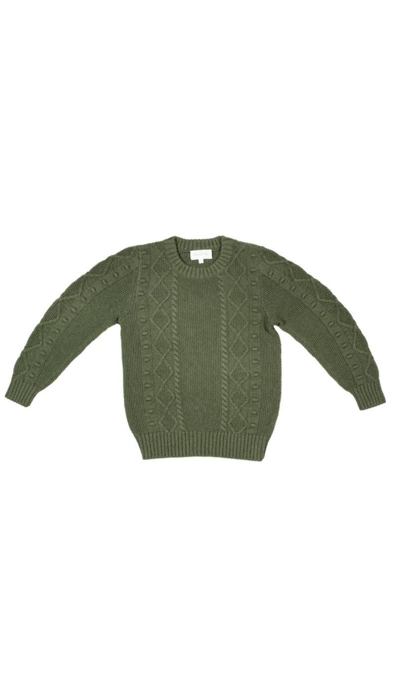 Boy in the avocado green Cable Popcorn Jumper from MIKA & MILO, heritage knit in organic cotton and cashmere