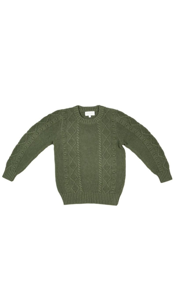 Flat-lay of the avocado Cable Popcorn Jumper from MIKA & MILO showing the cable and bobble stitch detail