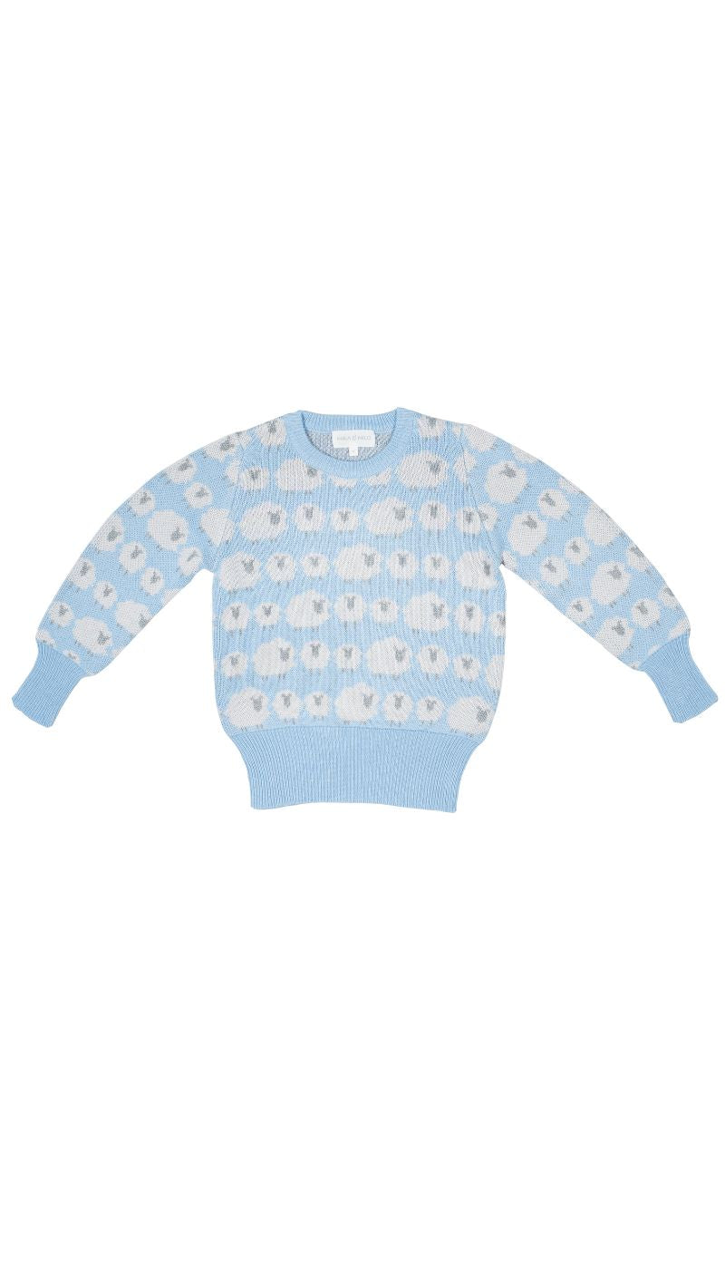 Sky blue Little Bo Peep Jumper from MIKA & MILO, jacquard sheep knit in organic cotton and cashmere