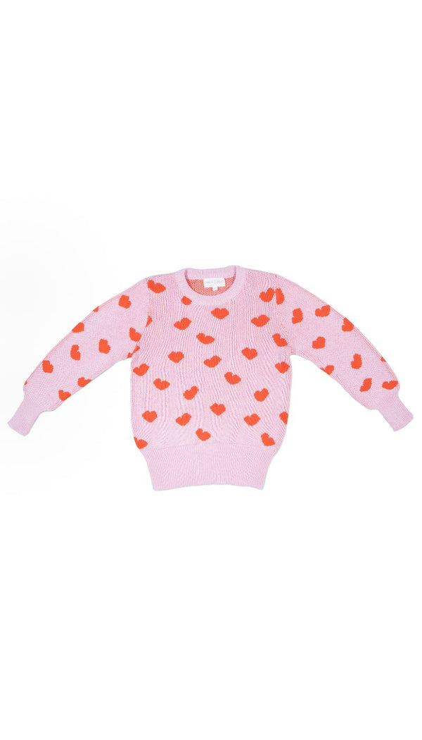 Flat-lay of the bubble gum Love Hearts Jumper from MIKA & MILO showing the heart jacquard pattern