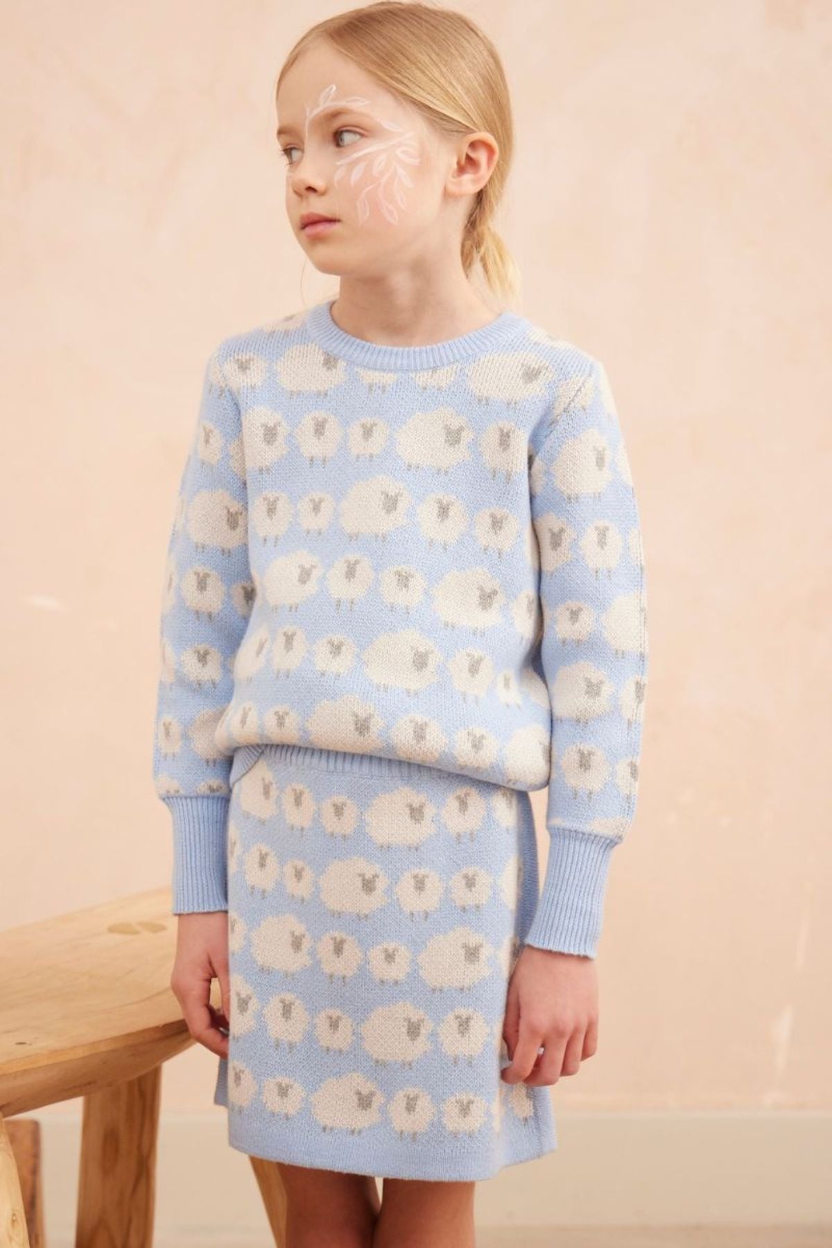 Sky blue Little Bo Peep Pencil Skirt from MIKA & MILO, jacquard sheep knit in organic cotton and cashmere