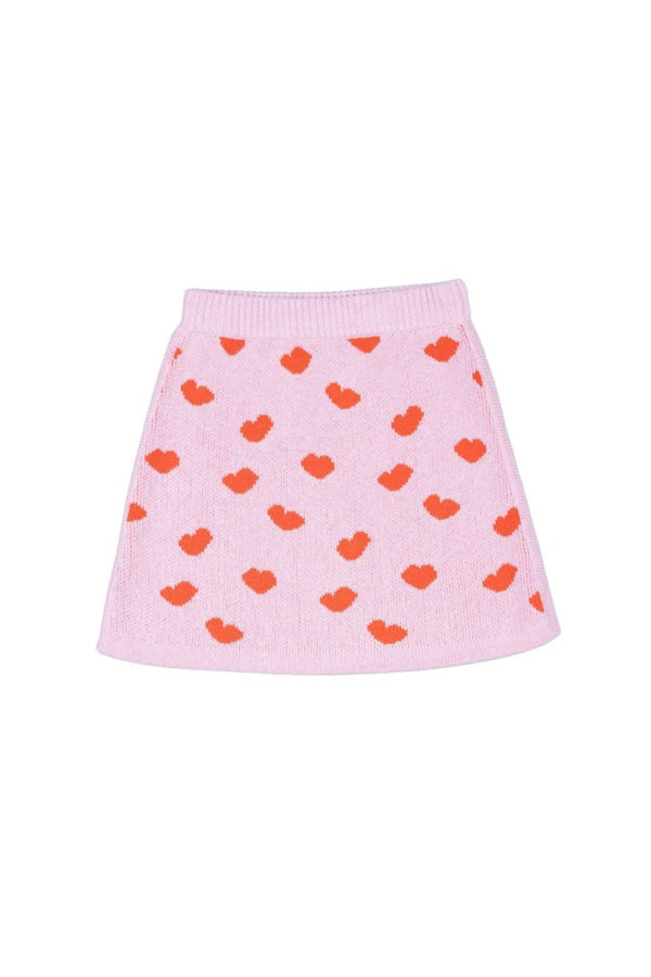 Front view of the bubble gum Love Hearts Skirt from MIKA & MILO showing the heart knit pattern