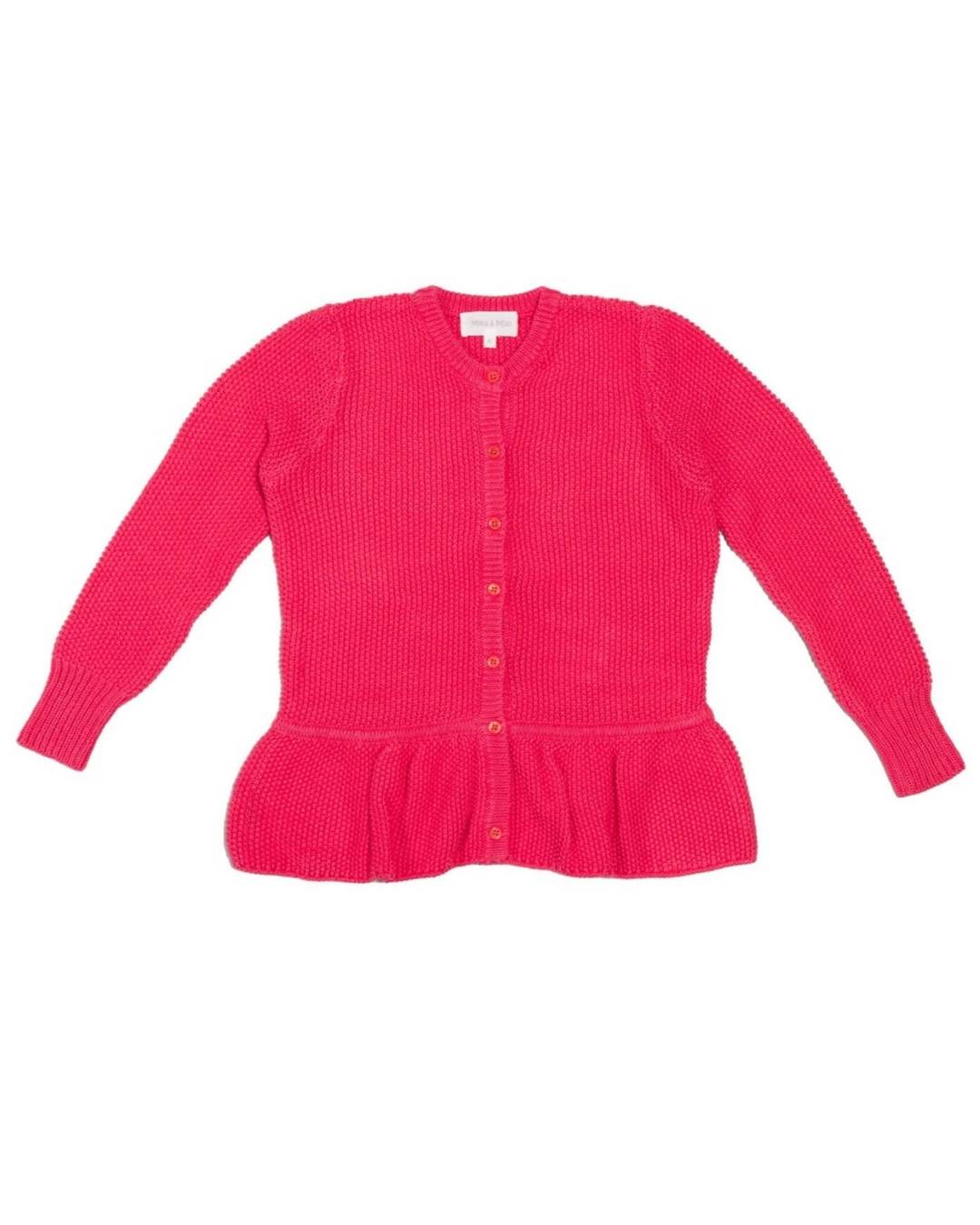 Young girl in the raspberry Moss Stitch Ruffled Cardigan from MIKA & MILO, organic cotton and cashmere knit