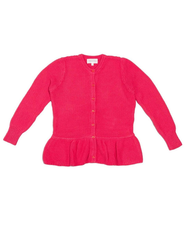 Editorial styling of the raspberry Moss Stitch Ruffled Cardigan from MIKA & MILO