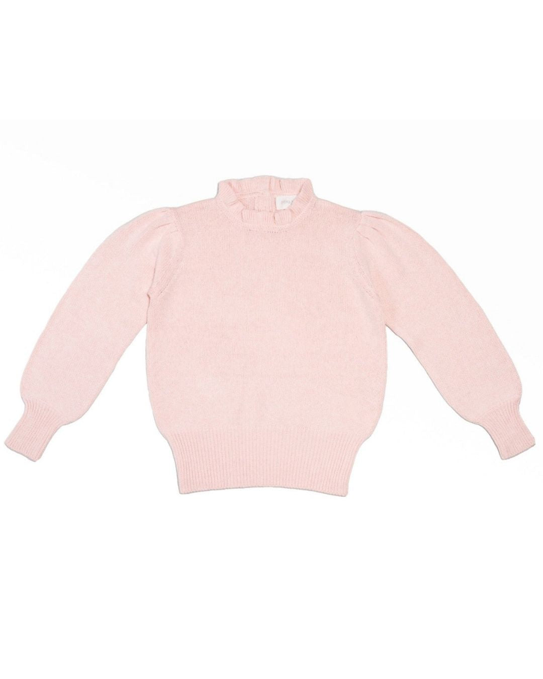 Young girl in a blush Ruffled Collared Jumper from MIKA & MILO, soft organic cotton and cashmere with delicate collar detail