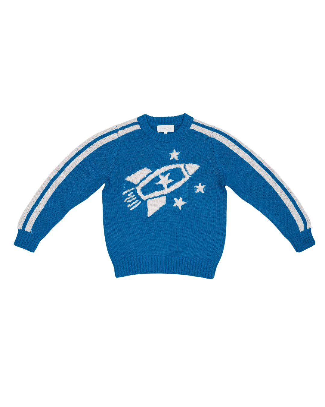 Boy in the cobalt Striped Rocket Jumper from MIKA & MILO, intarsia knit in organic cotton and cashmere