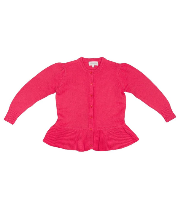 Editorial styling of the raspberry Ruffled Hem Jacket from MIKA & MILO