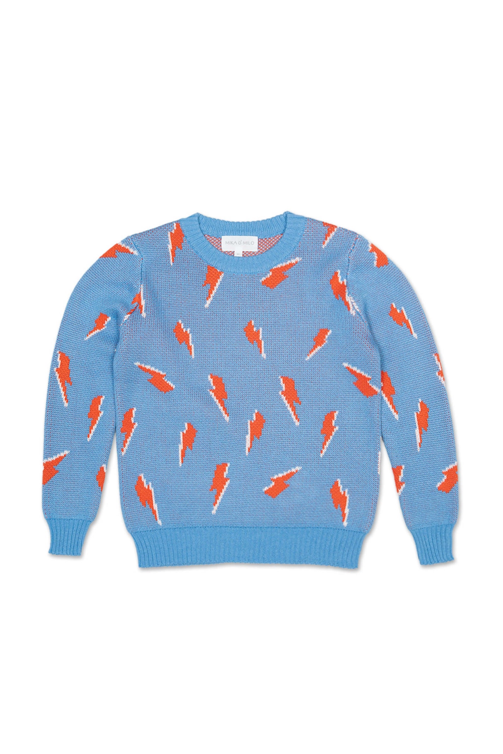 Boy wearing the MIKA & MILO Bolt Storm Jumper in azure blue