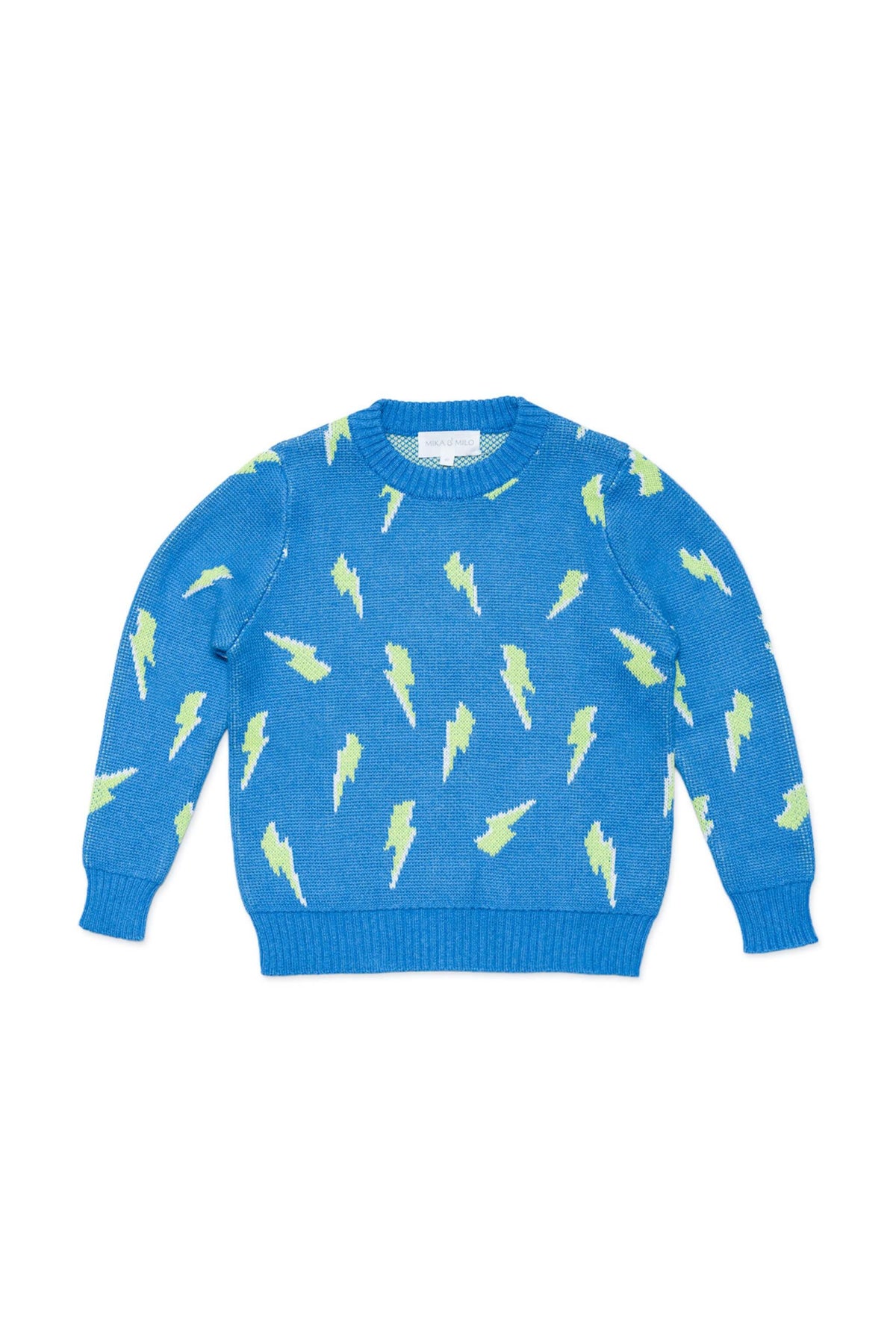 Front view of the Bolt Storm Jumper in hussar blue with electric lime lightning bolts outlined in chalk
