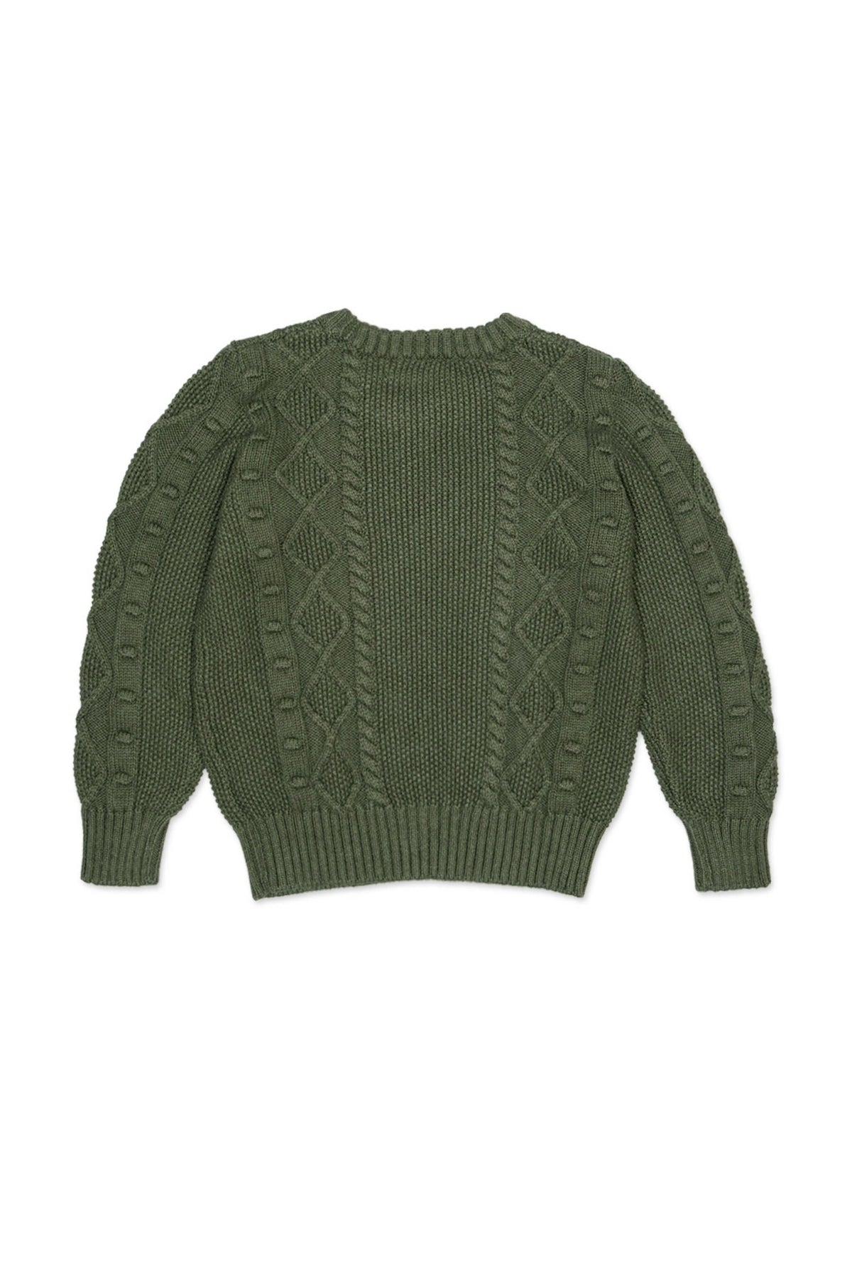 Back view of the Cable Popcorn Jumper in avocado green