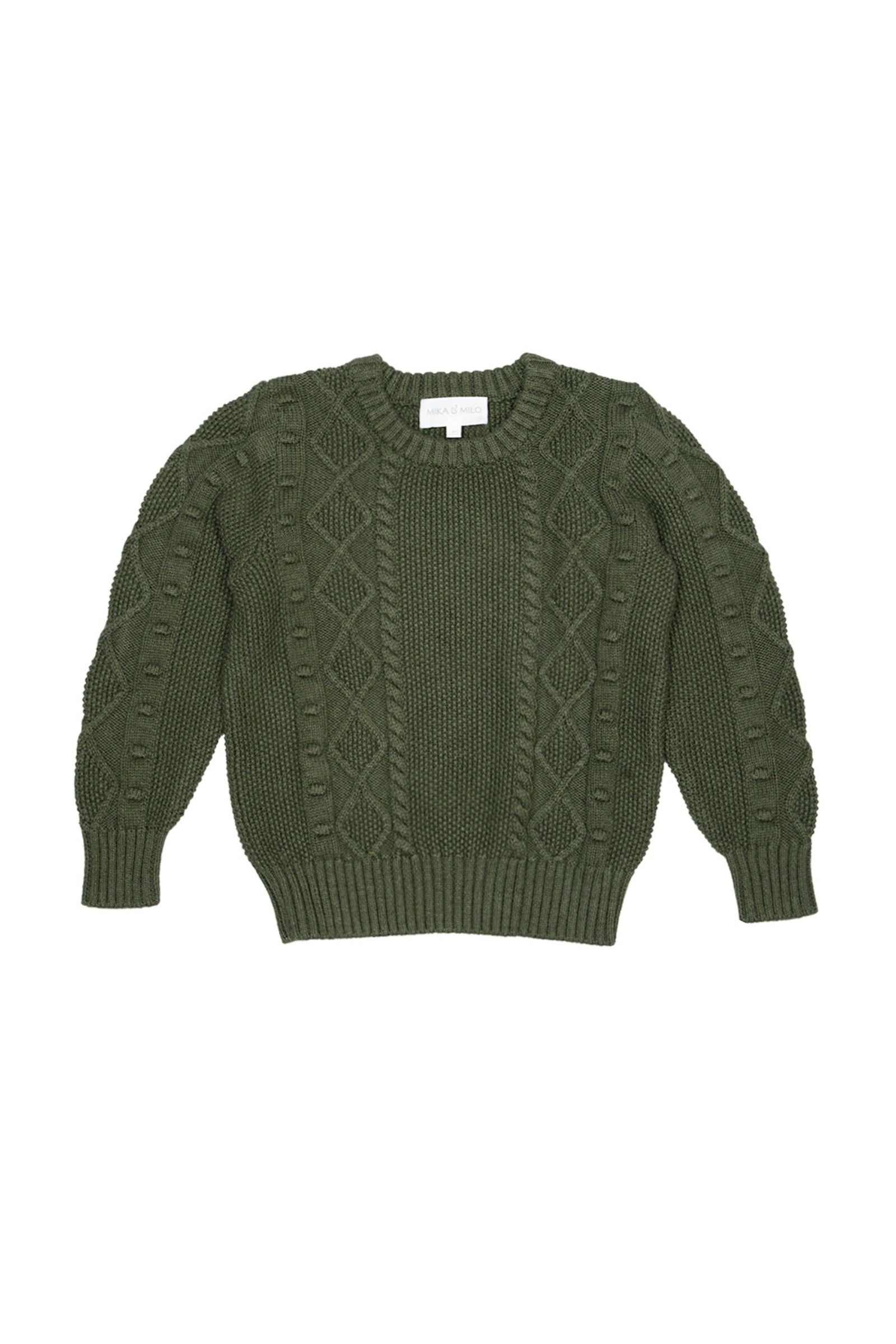 Boy wearing the MIKA & MILO Cable Popcorn Jumper in deep avocado green