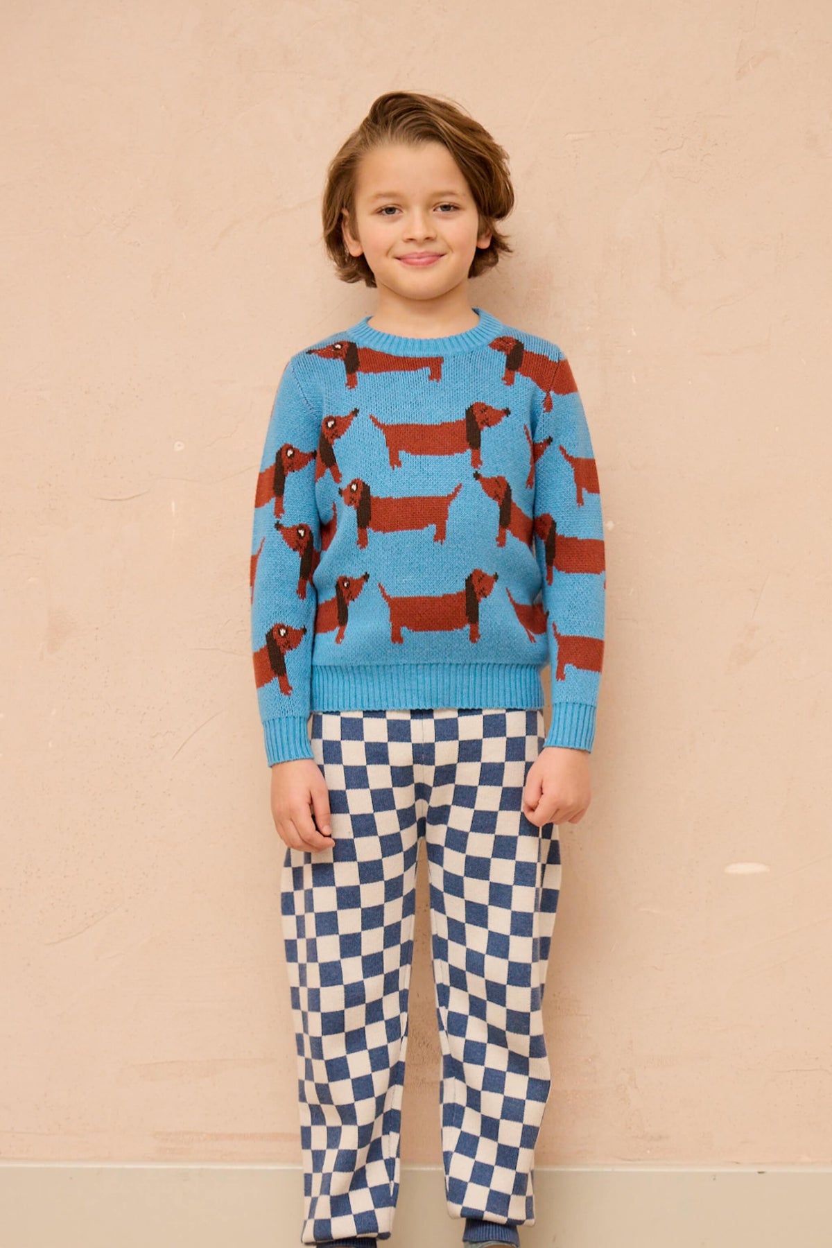 Boy wearing the Dachshund Jumper in Iceland blue with dachshunds around the sleeves