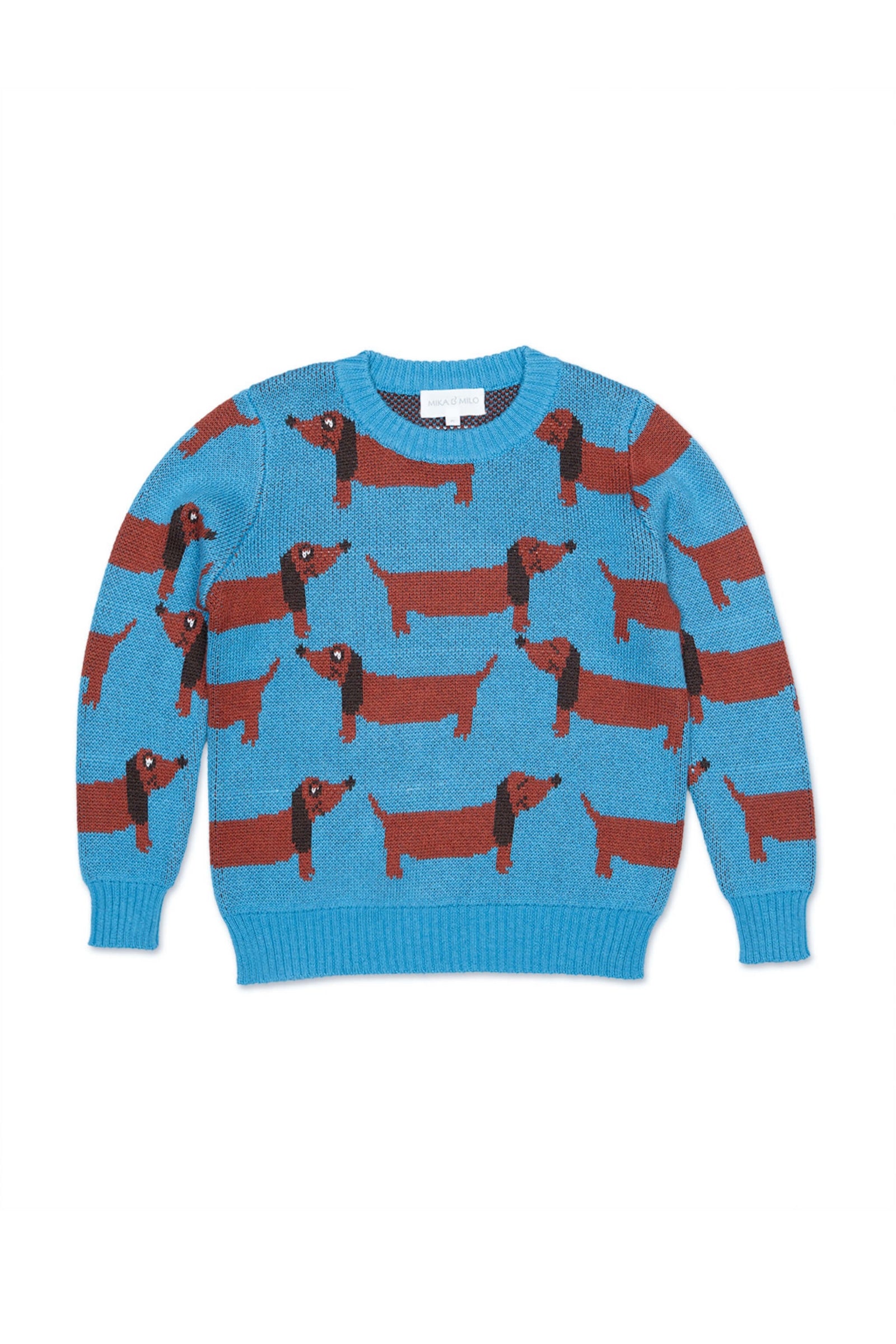 Boy wearing the MIKA & MILO Dachshund Jumper in Iceland blue