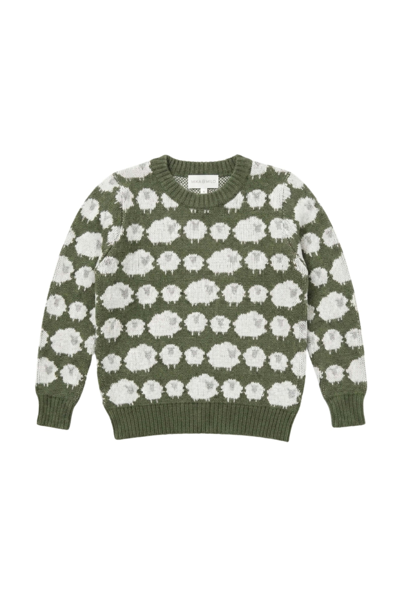 Boy wearing the MIKA & MILO Flock of Sheep Jumper in avocado green