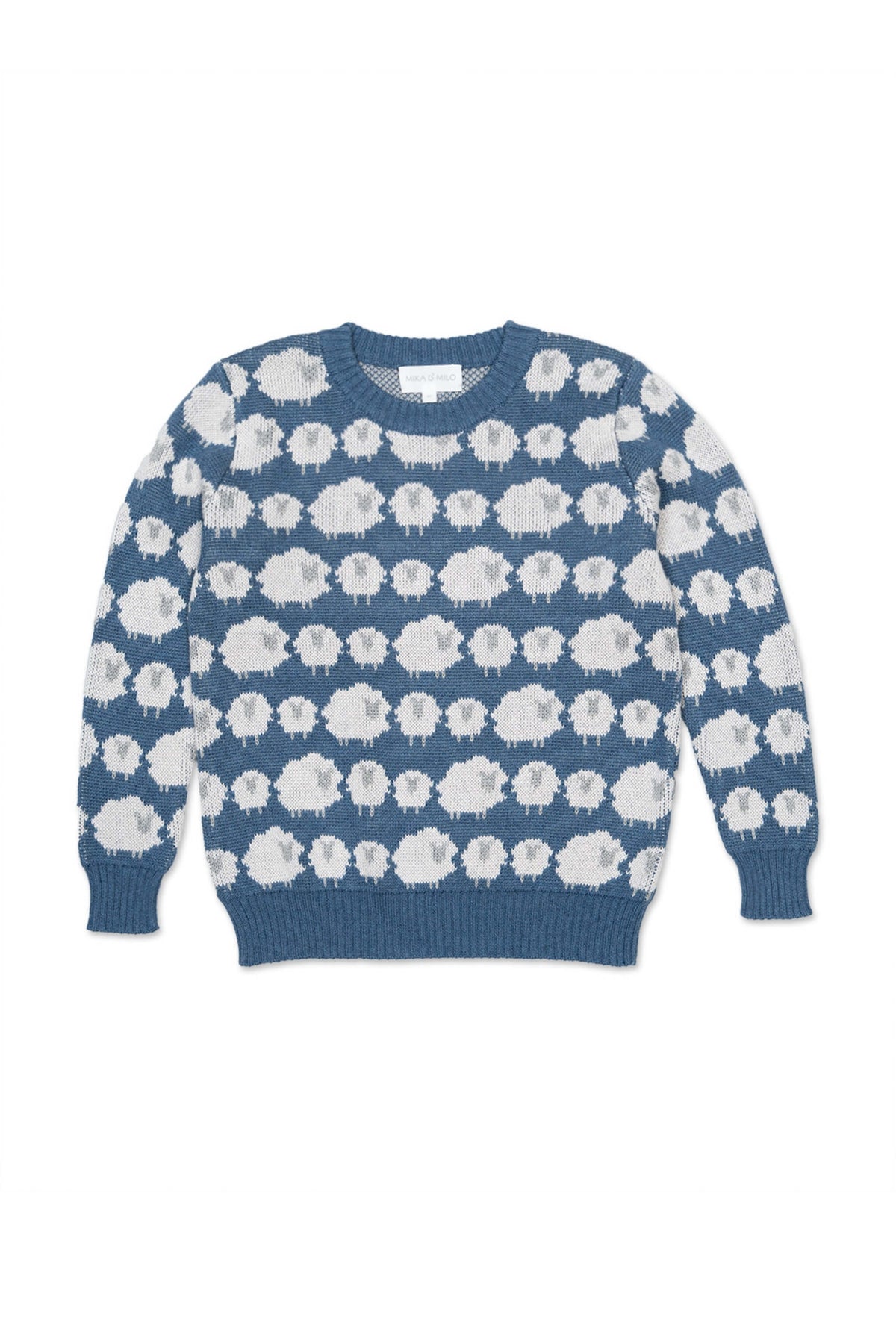 Front view of the Flock of Sheep Jumper in bluestone blue with rows of cream jacquard sheep