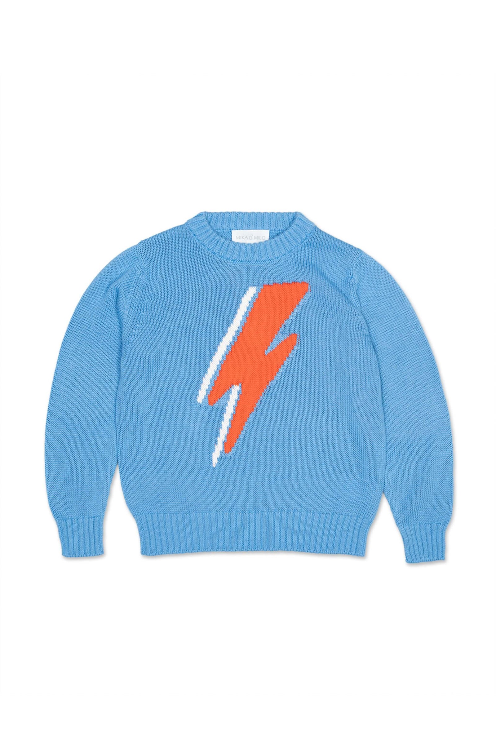 Boy wearing the MIKA & MILO Lightning Bolt Jumper in azure blue