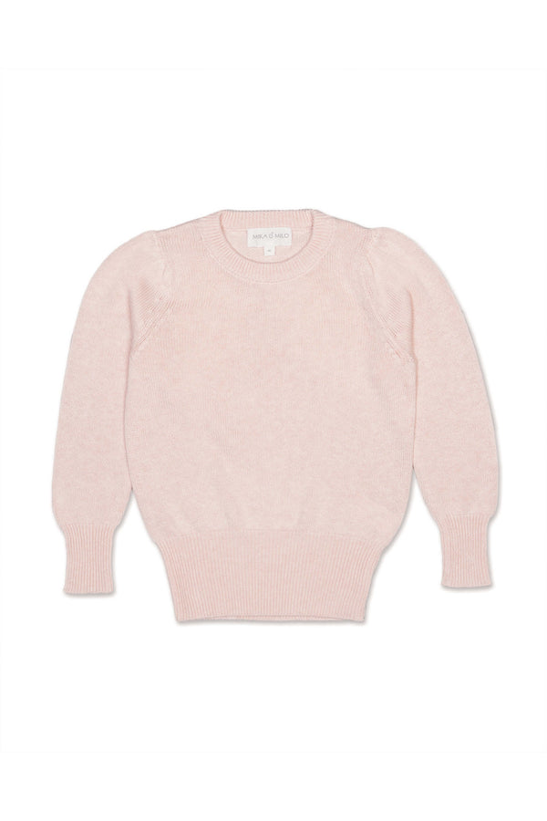 Front view of the Angel Wings Jumper in blush pink with a cream intarsia angel motif