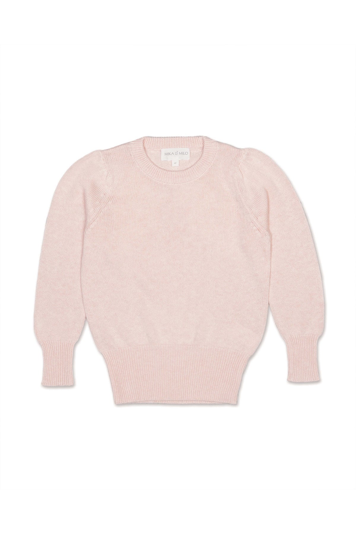 Front view of the Angel Wings Jumper in blush pink with a cream intarsia angel motif