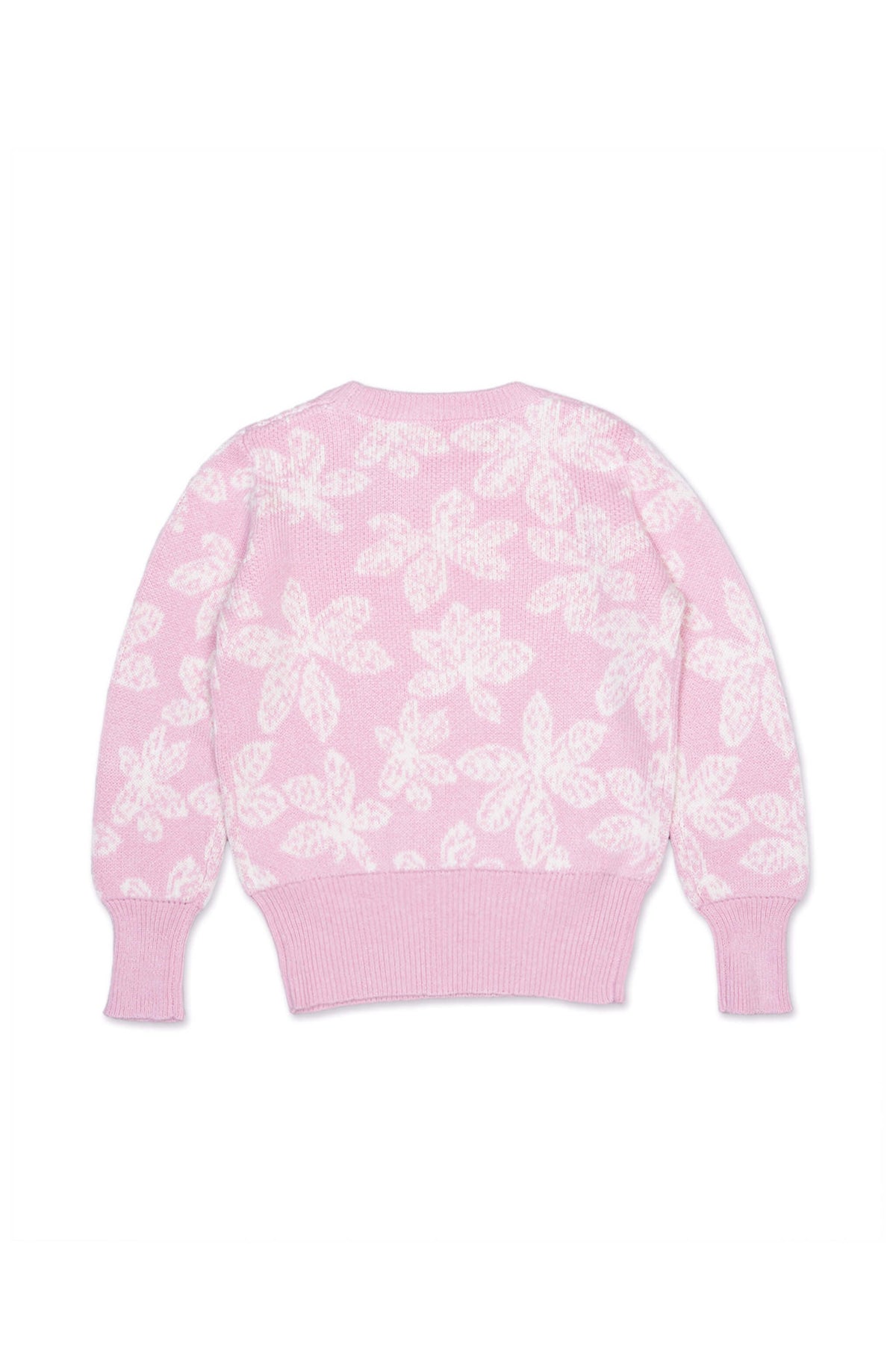 Back view of the Chestnut Leaves Jumper in bubble gum pink