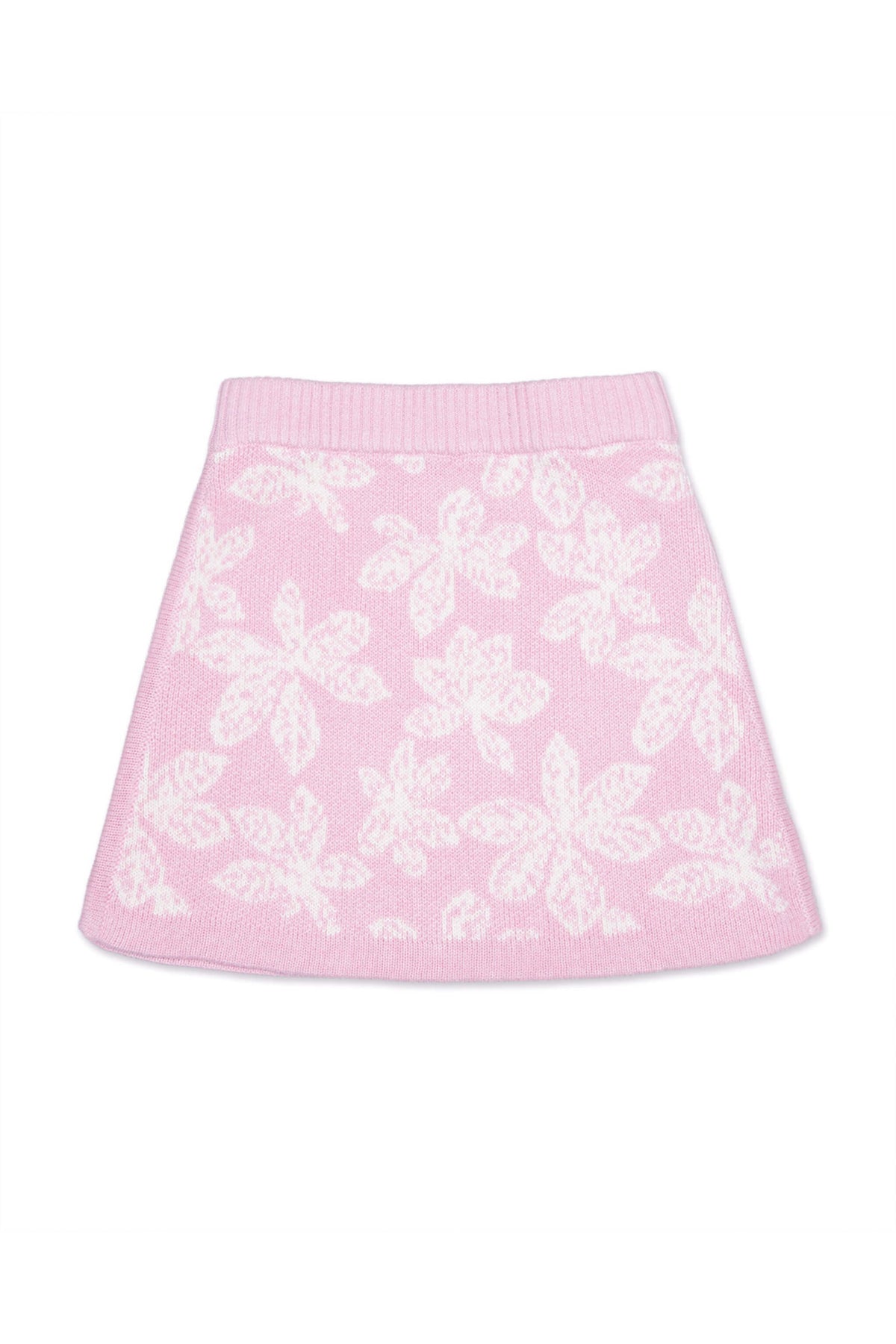 Front view of the Chestnut Leaves A-line Skirt in bubble gum pink with cream jacquard leaves
