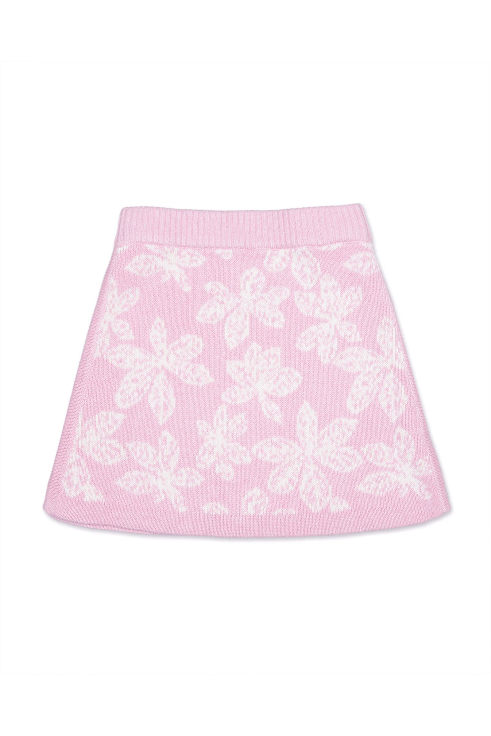 Girl wearing the MIKA & MILO Chestnut Leaves Skirt with the matching jumper in bubble gum pink