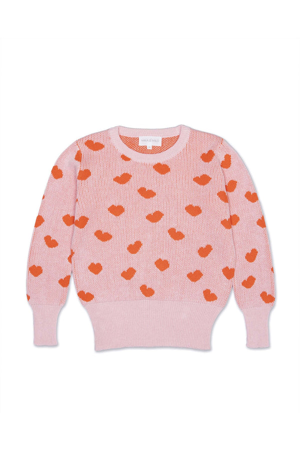 Front view of the Love Hearts Jumper in rose pink with lolly pop red jacquard hearts