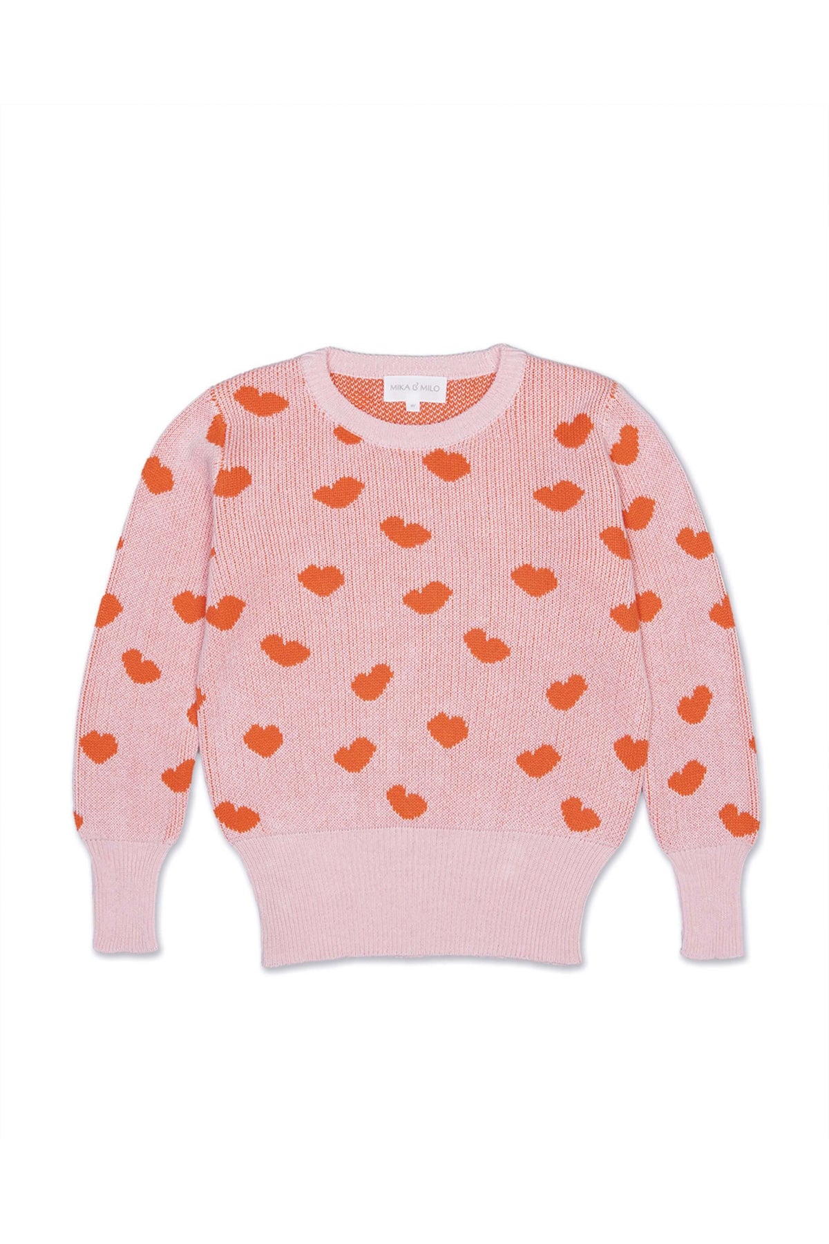 Front view of the Love Hearts Jumper in rose pink with lolly pop red jacquard hearts