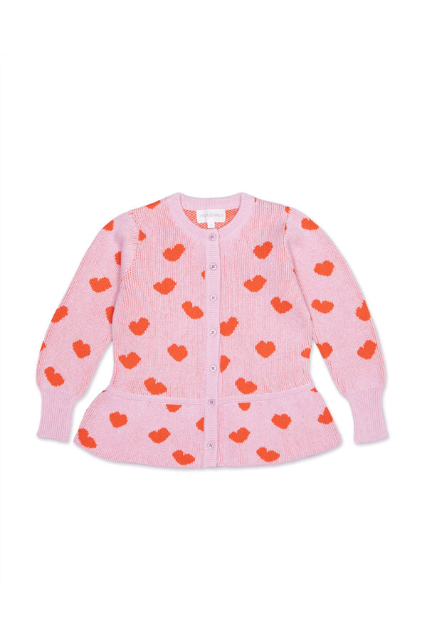 Front view of the Love Hearts Peplum Cardigan in bubble gum pink with lolly pop red jacquard hearts and a button front