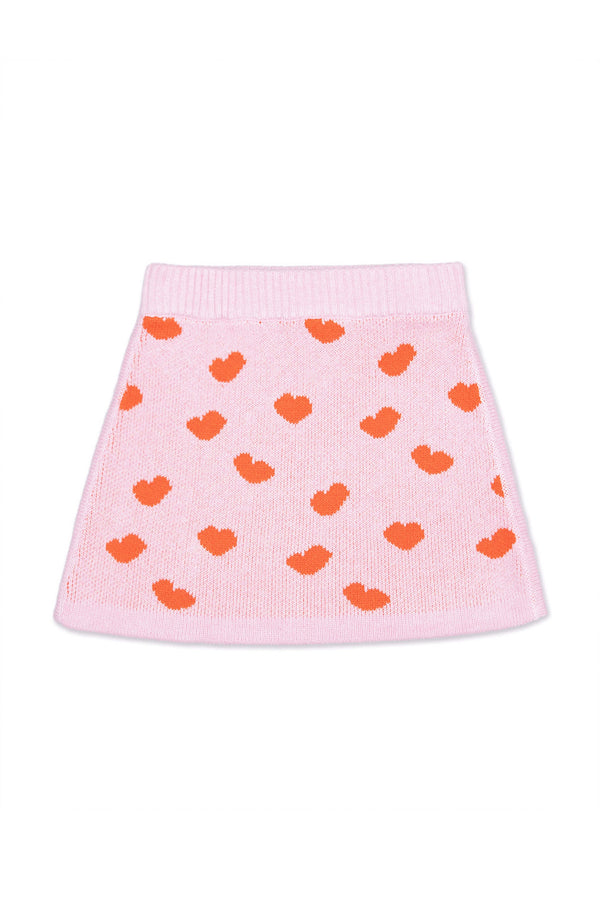 Front view of the Love Hearts A-line Skirt in bubble gum pink with lolly pop red jacquard hearts