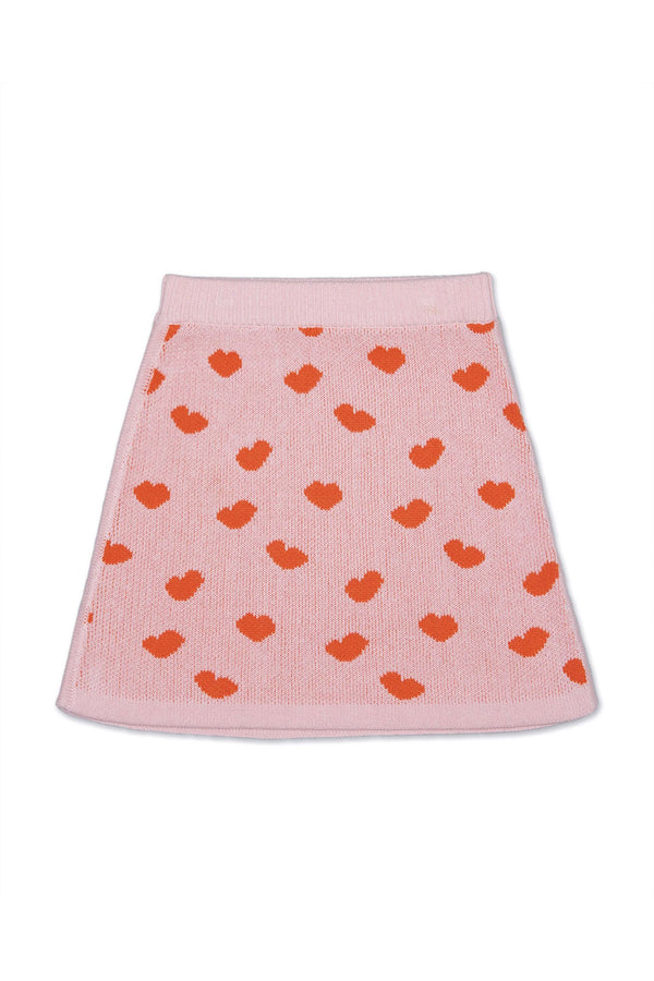 Front view of the Love Hearts A-line Skirt in rose pink with lolly pop red jacquard hearts