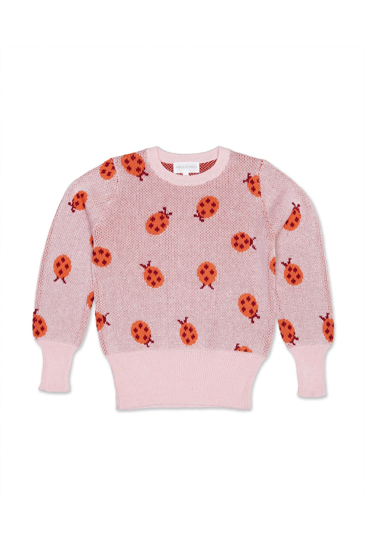 Front view of the Ladybird Jumper in rose pink with lolly pop red jacquard ladybirds