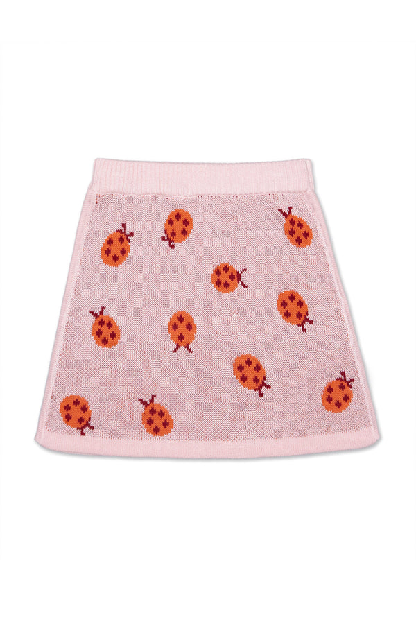 Front view of the Ladybird A-line Skirt in rose pink with lolly pop red jacquard ladybirds