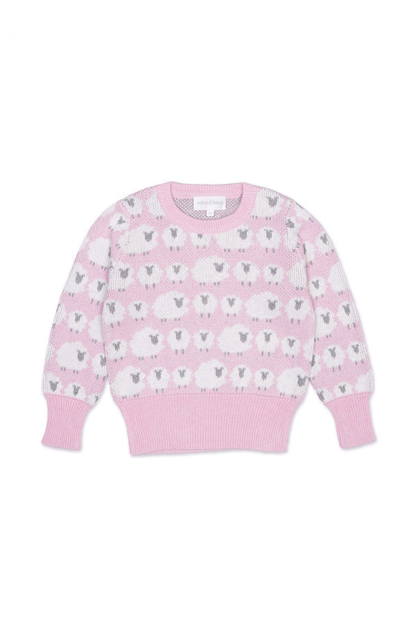 Front view of the Little Bo Peep Jumper in bubble gum pink with rows of cream jacquard sheep