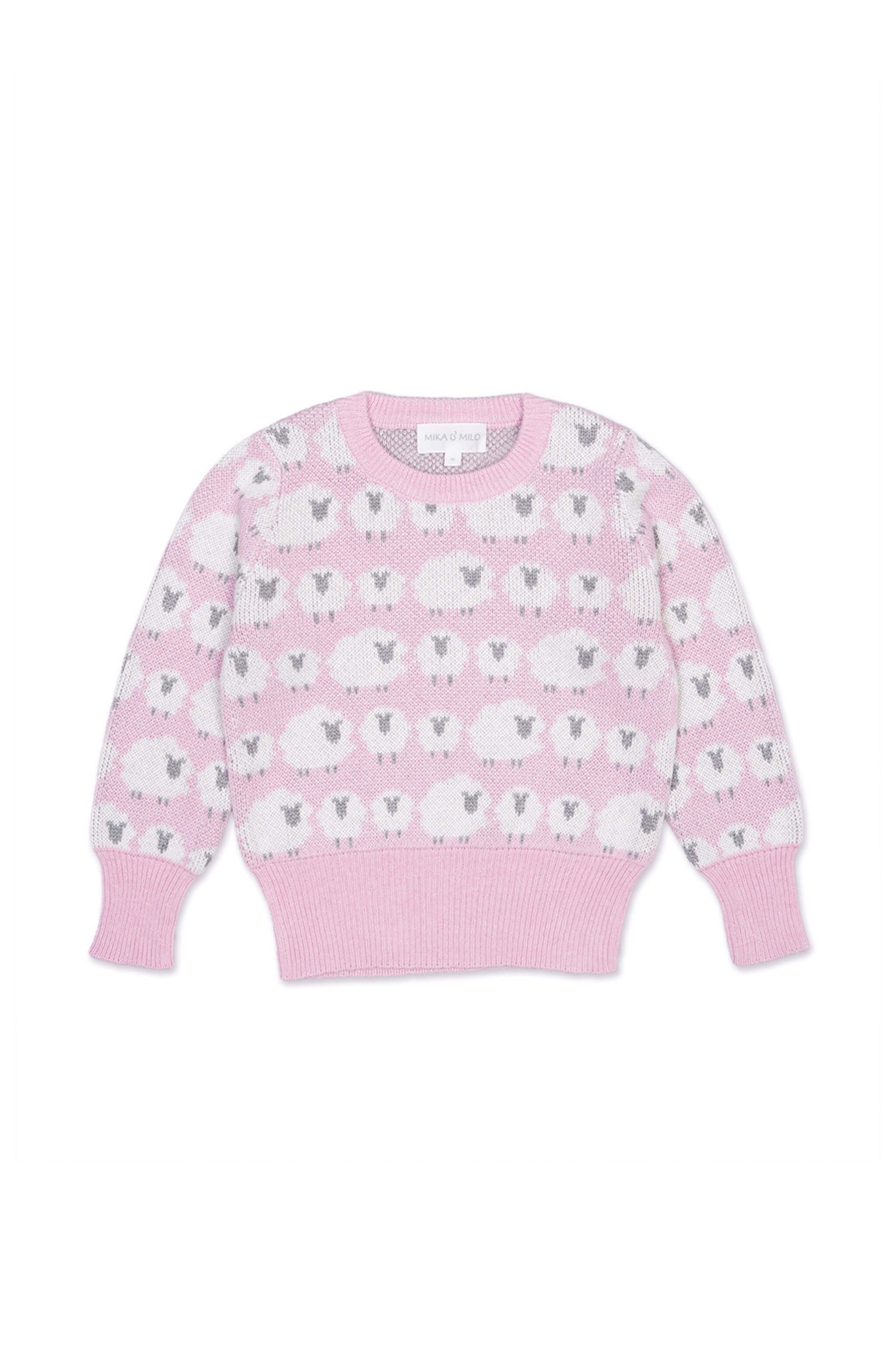 Girl wearing the MIKA & MILO Little Bo Peep jumper and skirt set in bubble gum pink