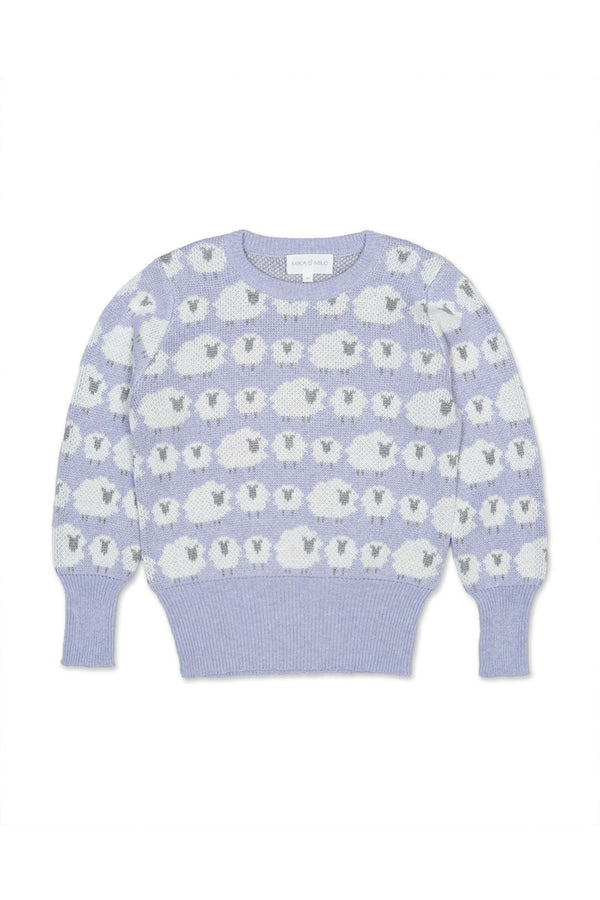 Front view of the Little Bo Peep Jumper in lavender with rows of cream jacquard sheep