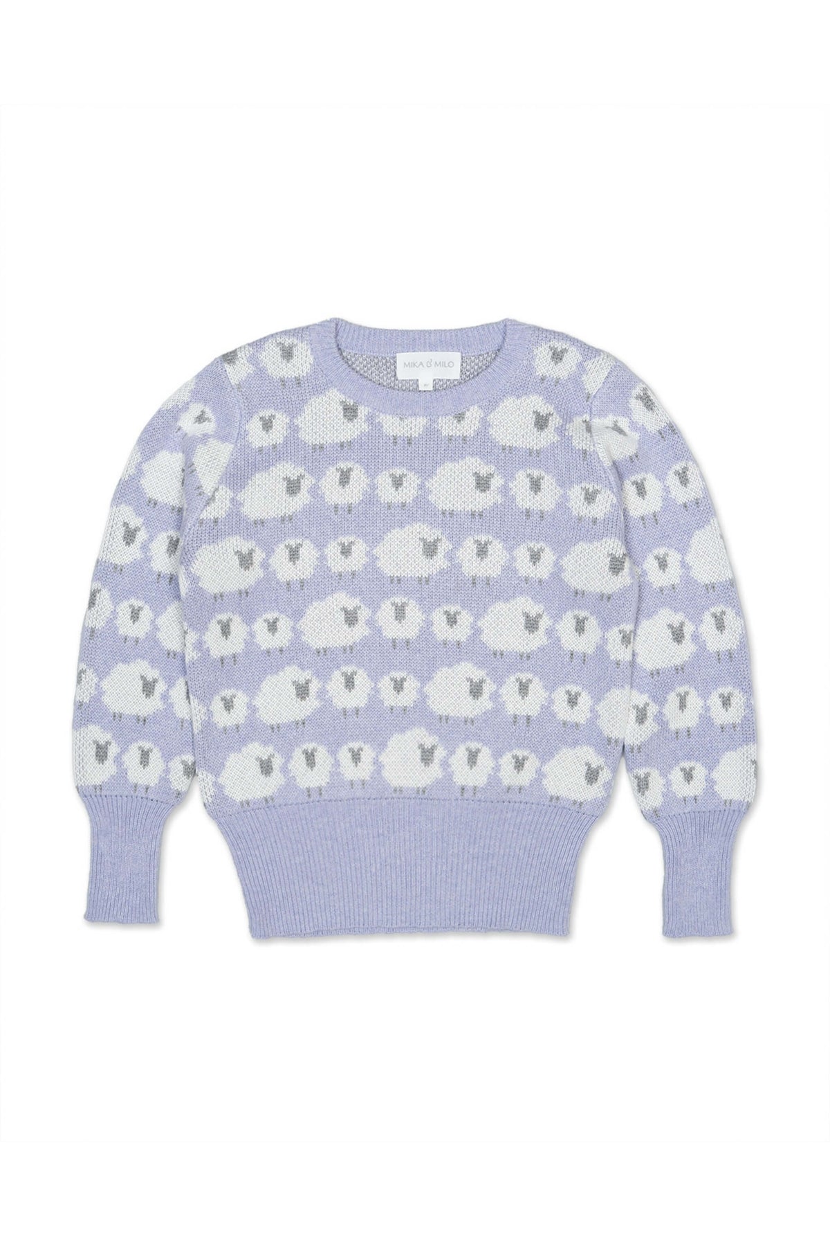 Front view of the Little Bo Peep Jumper in lavender with rows of cream jacquard sheep