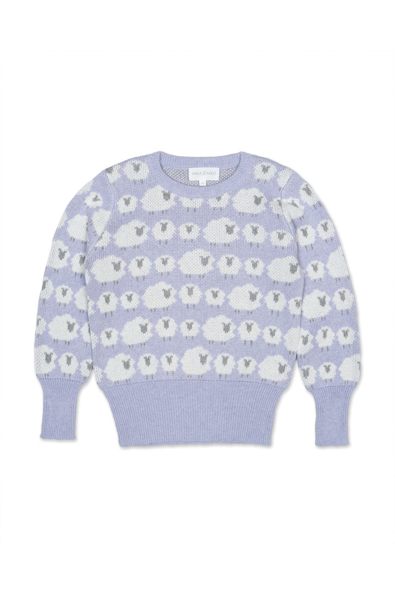 Girl wearing the MIKA & MILO Little Bo Peep jumper and skirt set in lavender